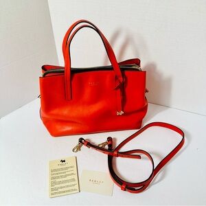 Radley London Red Leather Medium Zipper Top Two Handle Bag W Crossbody Strap